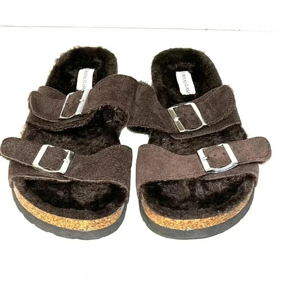 Royal Class Shoes Sz 10 Suede Leather Faux Fur Footbed Sandals Adjustable Brown - Picture 2 of 10